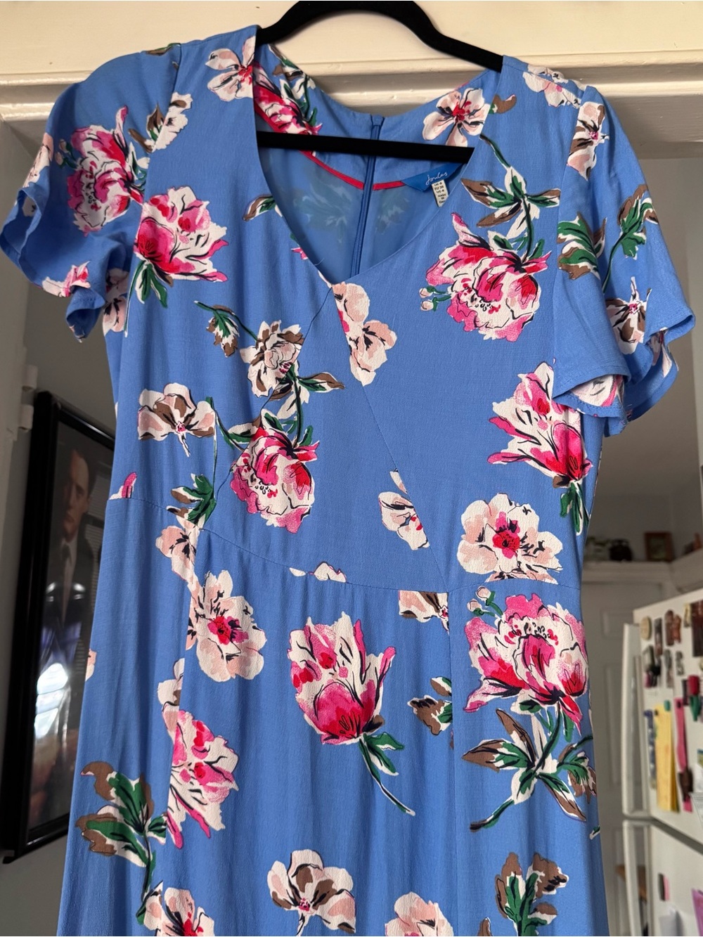 Jules blue pink floral Dress maxi long short sleeve v neck size small